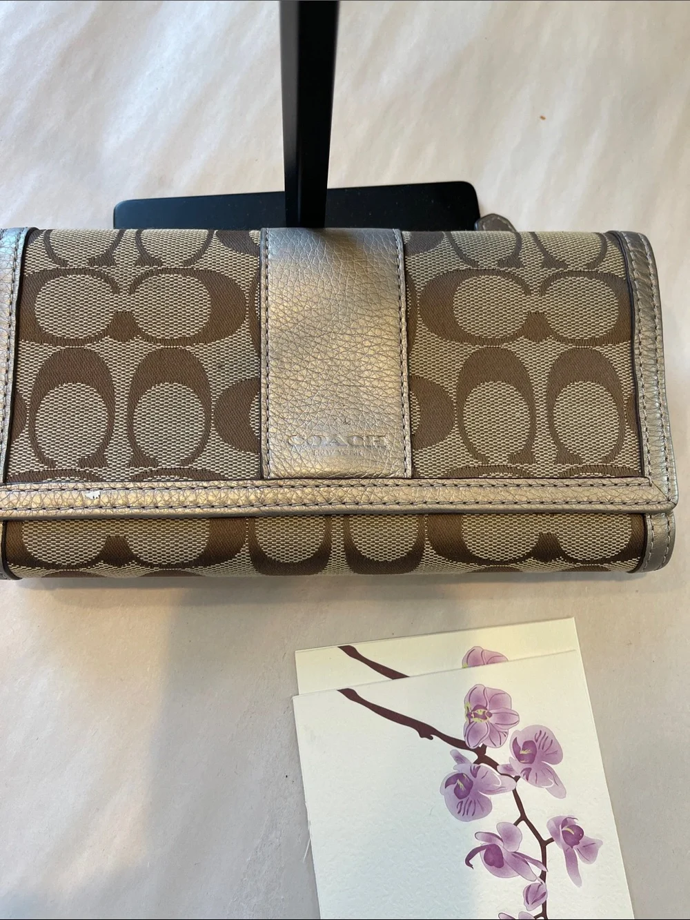 Coach Metallic Trim Signature Continental Wallet in Brown